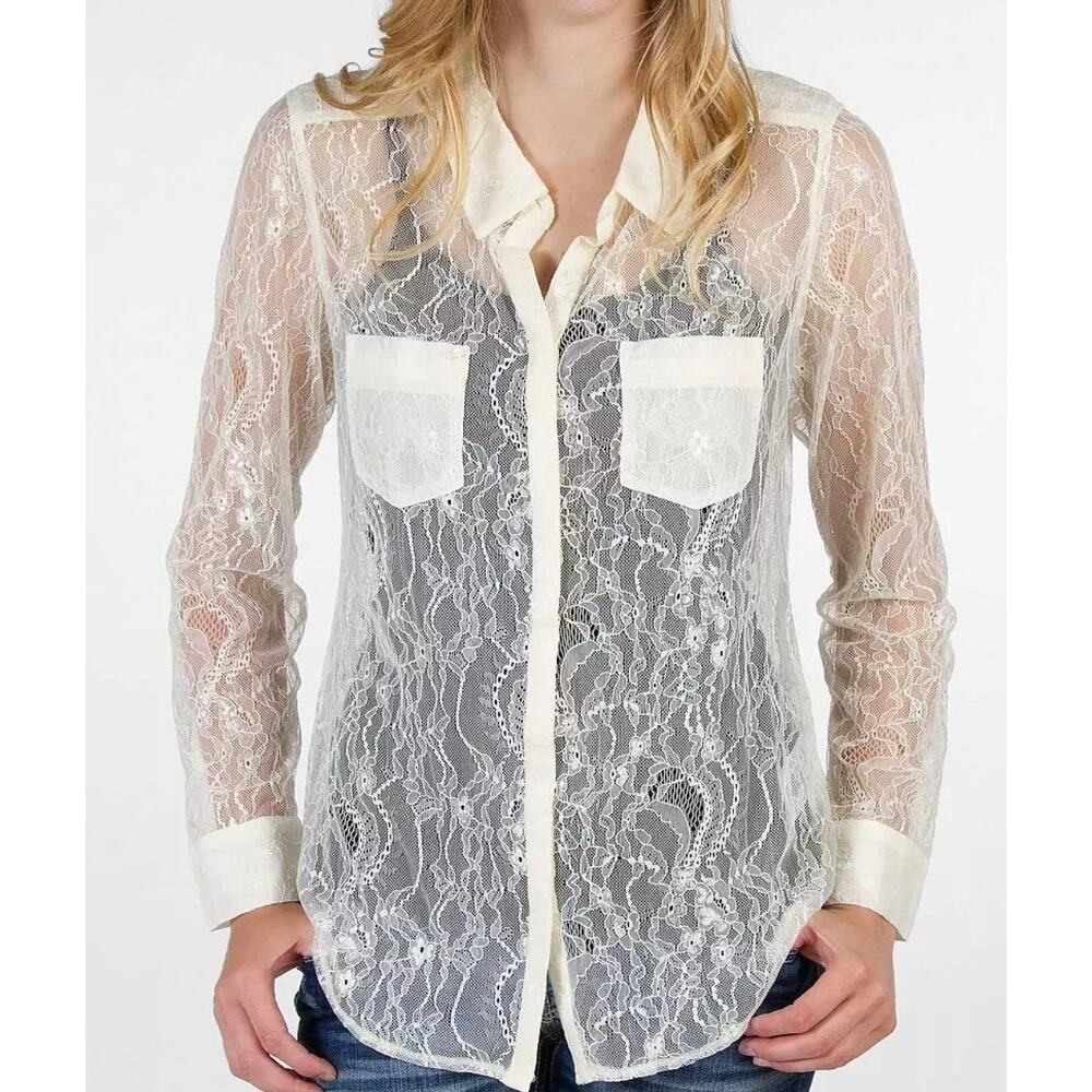 3230) Guess Channing Cream Button Front Lace Blouse Shirt Size Medium